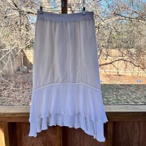Chico's Optic White Linen Ruffled Hem Pull On Skirt Midi Size 0 (S). NEW